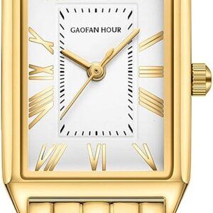 Gold Watches for Women with Vintage Rectangular Case,White Roman Dial,Stainless